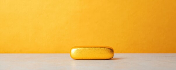 Poster - A shiny golden object rests on a light surface against a vibrant yellow backdrop, creating a striking visual contrast.