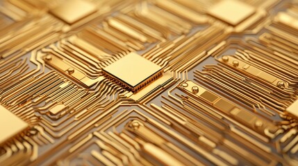 Poster - A close-up image of a golden circuit board showcasing intricate patterns and components, highlighting technology and electronic design.