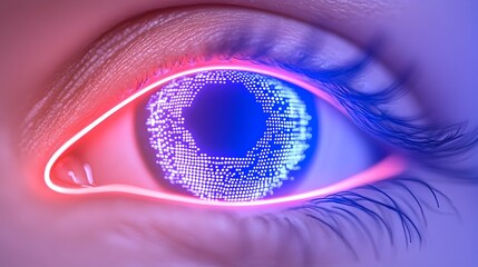 Close-up of a human eye with a digital, binary code-like pattern glowing in the iris, encircled by pink and blue neon light