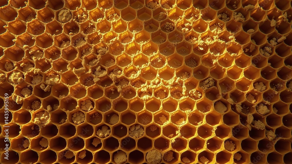 Intricate honeycomb cells filled with golden beeswax, dusted with pollen, bathed in soft sunlight.
