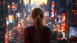 © siti - A young woman contemplates a vibrant urban cityscape.