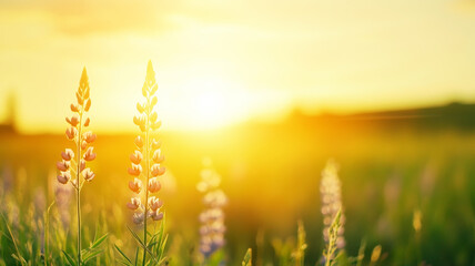 Wall Mural - vibrant purple lupines glowing under golden sunset light, painting meadow landscape with soft warmth