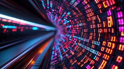 Poster - Exploring a vibrant digital tunnel with vivid light patterns