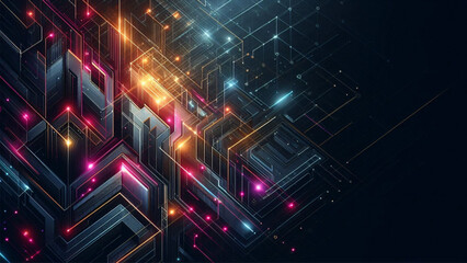 Poster - Futuristic Geometric Patterns with Neon Accents ideal for digital art, technology presentations, and contemporary creative projects.