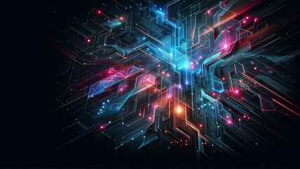 Poster - Futuristic Geometric Patterns with Neon Accents ideal for digital art, technology presentations, and contemporary creative projects.