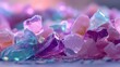 © los3amigos - Cristales iridiscentes en tonos púrpura, rosa y azul, con un fondo difuminado y vibrante.