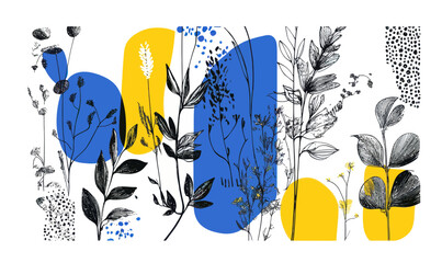 Poster - Abstract Botanical Art with Colorful Accents and Bold Shapes in Blue and Yellow Vector Illustration