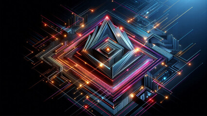 Poster - Futuristic Geometric Patterns with Neon Accents ideal for digital art, technology presentations, and contemporary creative projects.