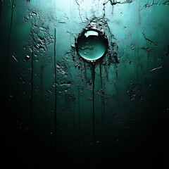 Poster - dark teal textured wall with a luminous sphere. drips cascade downward