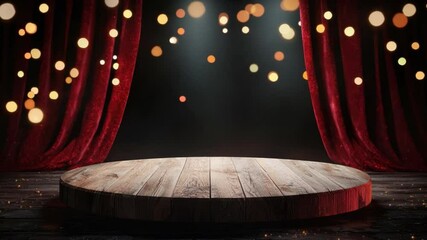 Poster - Cozy Stage with Wooden Podium Surrounded by Elegant Red Curtains and Bokeh Lights Sparkling in Background
