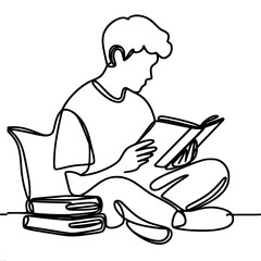 Poster - Boy reading a book while sitting on the floor with books around  