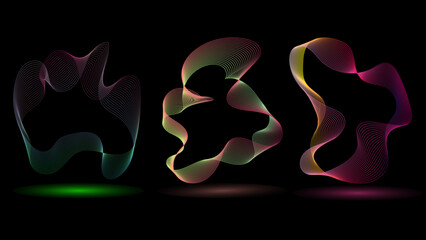 Aufkleber - Technology concept set of colorful creative circles round curve shape with wavy dynamic lines isolated on a black background. Round circle line blend with different tone neon color.