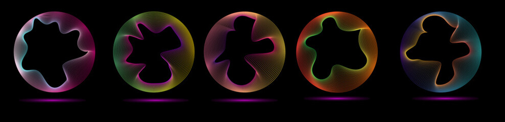 Aufkleber - Technology concept set of colorful creative circles round curve shape with wavy dynamic lines isolated on a black background. Round circle line blend with different tone neon color.
