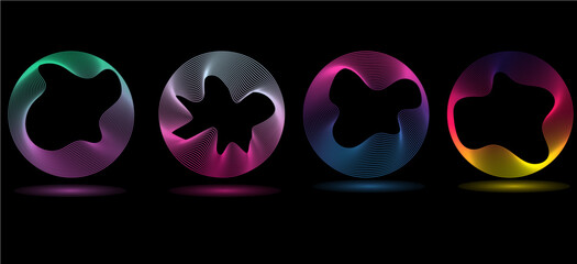 Aufkleber - Technology concept set of colorful creative circles round curve shape with wavy dynamic lines isolated on a black background. Round circle line blend with different tone neon color.