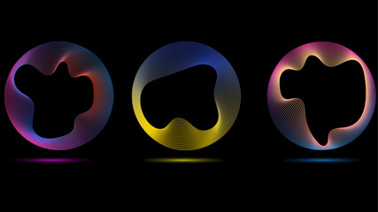 Aufkleber - Technology concept set of colorful creative circles round curve shape with wavy dynamic lines isolated on a black background. Round circle line blend with different tone neon color.