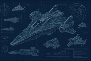 Poster - futuristic spacecraft blueprint design with technical details