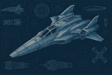 Poster - Detailed Blueprint of a Futuristic Spacecraft Design and Concept