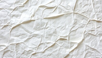 Poster - Wrinkled white paper texture.  A close-up view of crumpled white paper, displaying intricate folds and creases. The surface is uneven, with various depths and directions of wrinkles