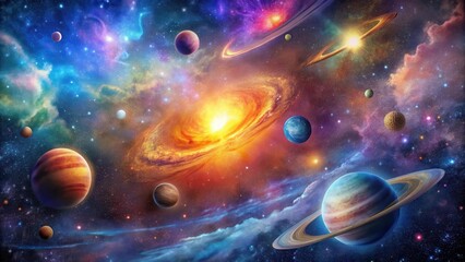 Wall Mural - Cosmic dance of planets and stars in a stunning galaxy background with vibrant colors and swirling clouds of gas and dust , colorful stars, universe