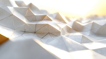 Aufkleber - Abstract Low-Poly Structure: Geometric white low-poly forms create an abstract landscape bathed in warm sunlight, conveying a sense of texture, depth, and minimalist elegance.