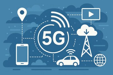 Poster - Modern 5G Network Visualization with Icons in Blue Background