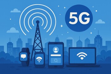 Poster - Modern 5G Technology Visualization with Devices and City Background