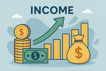 Poster - Income Growth Illustration with Coins, Bills, and Charts
