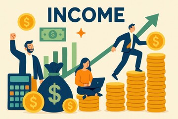 Poster - Income Growth Diagram with Financial Concepts and Illustrative Elements