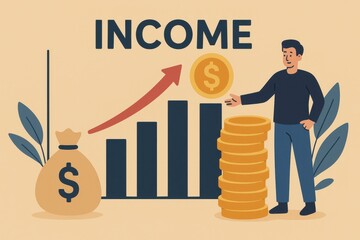 Poster - Income Growth Chart Illustration with Money Bag and Coins