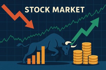 Poster - Stock Market Illustration with Bull, Charts, and Coin Stacks