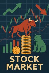 Poster - Bull and Bear Market Dynamics with Graphs and Coins Illustration
