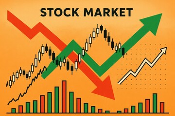 Poster - Stock Market Visualization with Arrows and Graphs on Orange Background