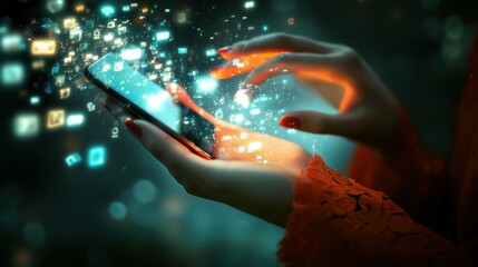 Fototapete - Woman hand using smartphone and show technology icon social media. Concept social network.