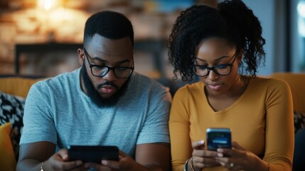 Poster - Close up view of man and woman using smartphones discussing mobile apps concept, couple talking holding cellphones synchronizing information online with laptop, checking news or texting messages