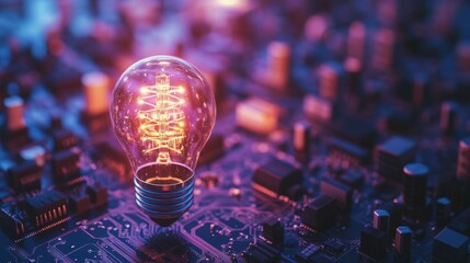 Poster - A glowing light bulb mockup with an intricate, illuminated circuit board inside, radiating soft light on a dark purple background. Concept of innovation and futuristic ideas.
