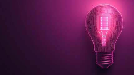 Poster - A glowing light bulb mockup with an intricate, illuminated circuit board inside, radiating soft light on a dark purple background. Concept of innovation and futuristic ideas.