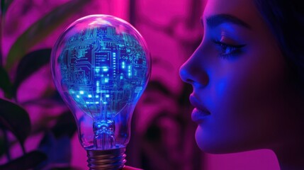 Poster - conceptual stock image of a shining light bulb with a digital, electric-blue circuit board interior,