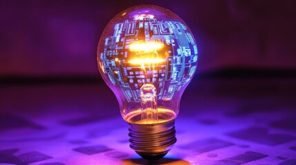 Poster - conceptual stock image of a shining light bulb with a digital, electric-blue circuit board interior,