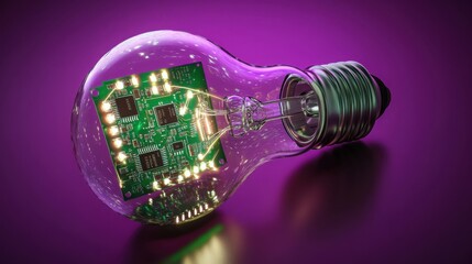 Poster - glowing glass light bulb mockup featuring a vivid circuit board inside, with ambient lighting effect