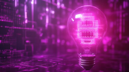 Poster - High-tech light bulb mockup with an internal, illuminated digital circuit, emitting a soft halo of light in a dark, misty purple environment. Symbol of future technology.