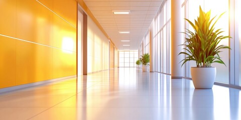 Poster - Bright Modern Office Corridor with Natural Light and Greenery Enhancing the Professional and Inviting Atmosphere