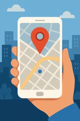 Poster - Hand Holding Phone with Map Location Pointer in Urban Setting