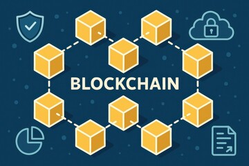 Poster - Simple Blockchain Illustration with Connected Cubes and Icons