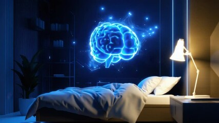 Poster - Glowing Brain Visualization Over Bed in Modern Bedroom with Soft Lighting and Plant Decor