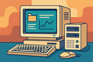 Poster - Vintage Computer Setup with Graphs and Chart on Screen Design