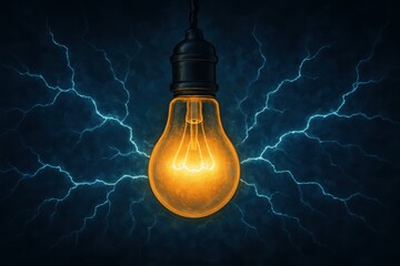 Poster - Bright Glowing Lightbulb with Electric Spark Illustration Design