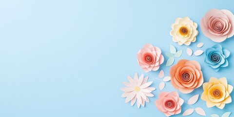 Poster - Handcrafted Paper Flowers in Minimalist Style Against Soft Blue Background Ideal for Modern Decor and Artistic Projects