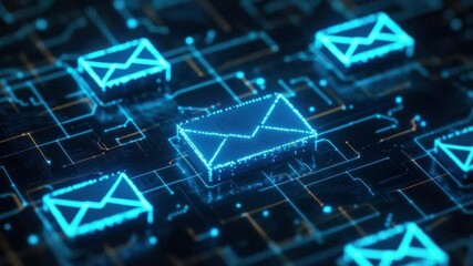 Fototapete - Futuristic Digital Network with Glowing Email Icons Surrounded by Circuitry and Data Flow Elements