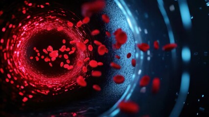 Poster - Abstract Visualization of Red Blood Cells Flowing Through a Dark Circular Tube with Glowing Lights in a Scientific Background