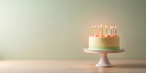 Poster - A pastel-colored birthday cake with lit candles sits on a white cake stand against a soft green backdrop